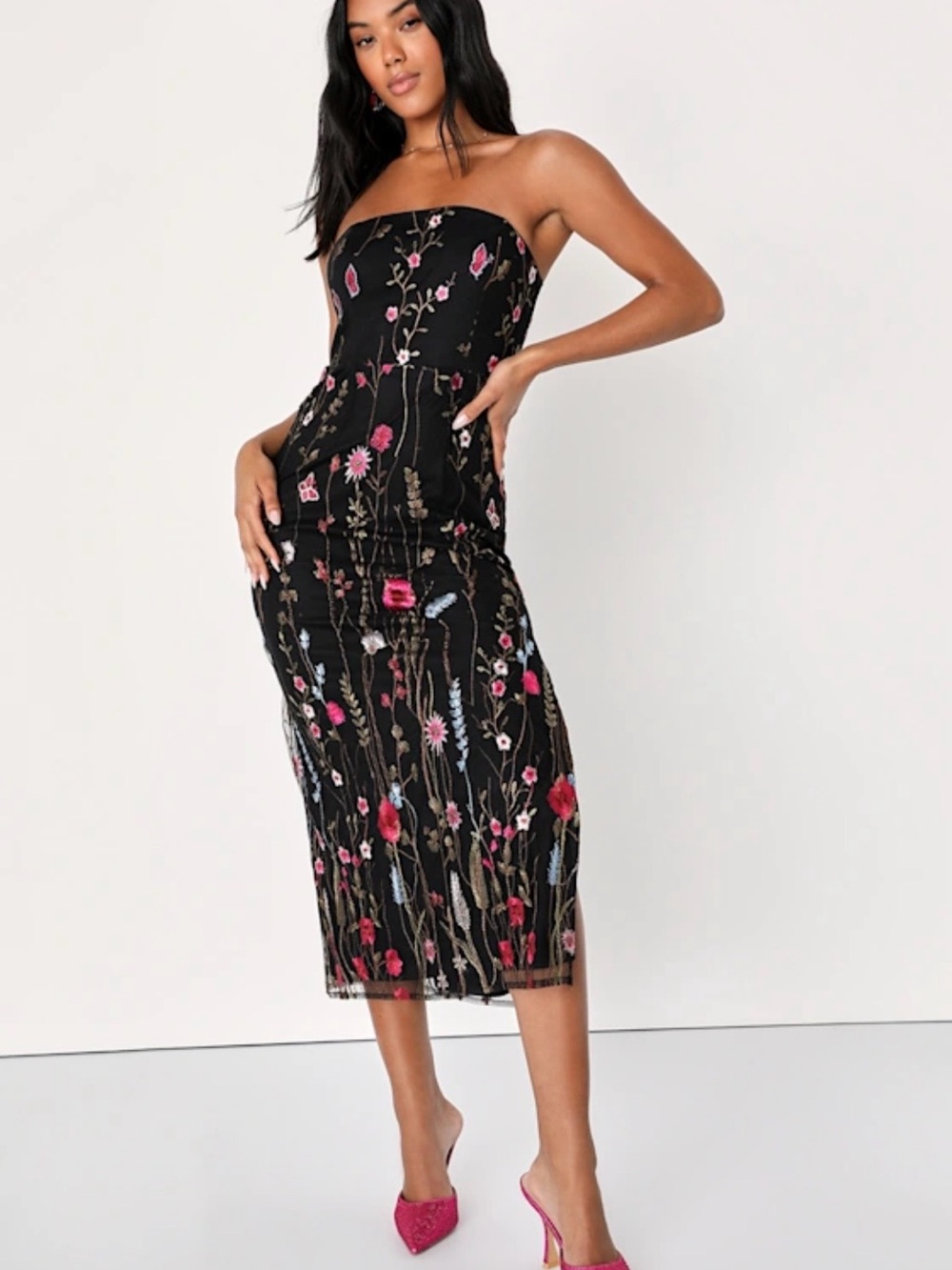 Lulu's Black Strapless Floral Embroidered Midi Dress
